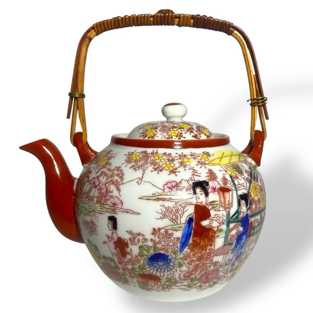 Antique Japanese Kutani Porcelain Tea Set Teapot Sugar Bowl Creamer Floral